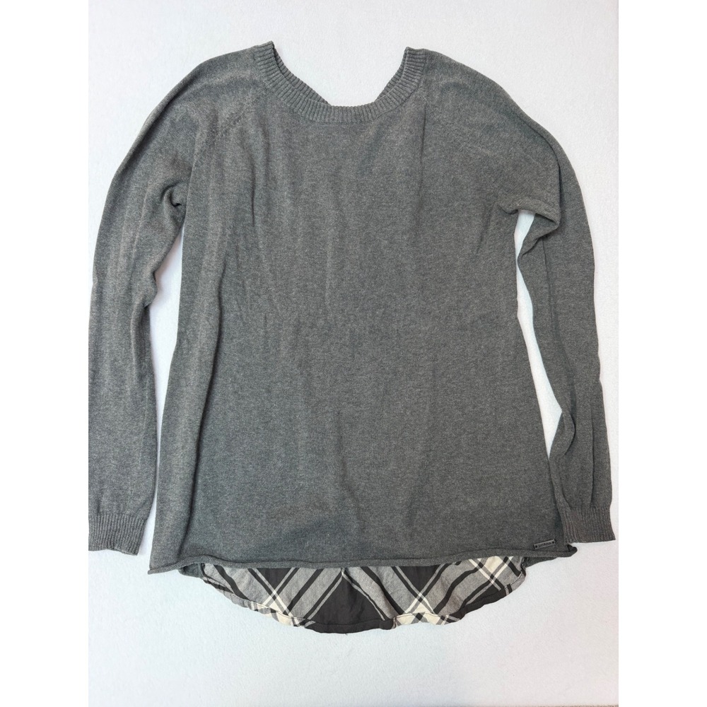 Prana Gray Organic Cotton Plaid Back Mixed Media Sweater Womens Medium